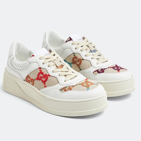 Gucci GG logo leather and embroidered canvas platform sneakers Size 39.5 - Picture 2 of 12